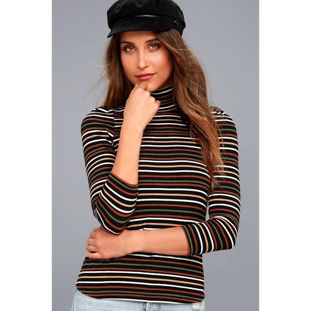 Free People I'm Cute Turtleneck Striped Ribbed Top Size Large Classic Casual